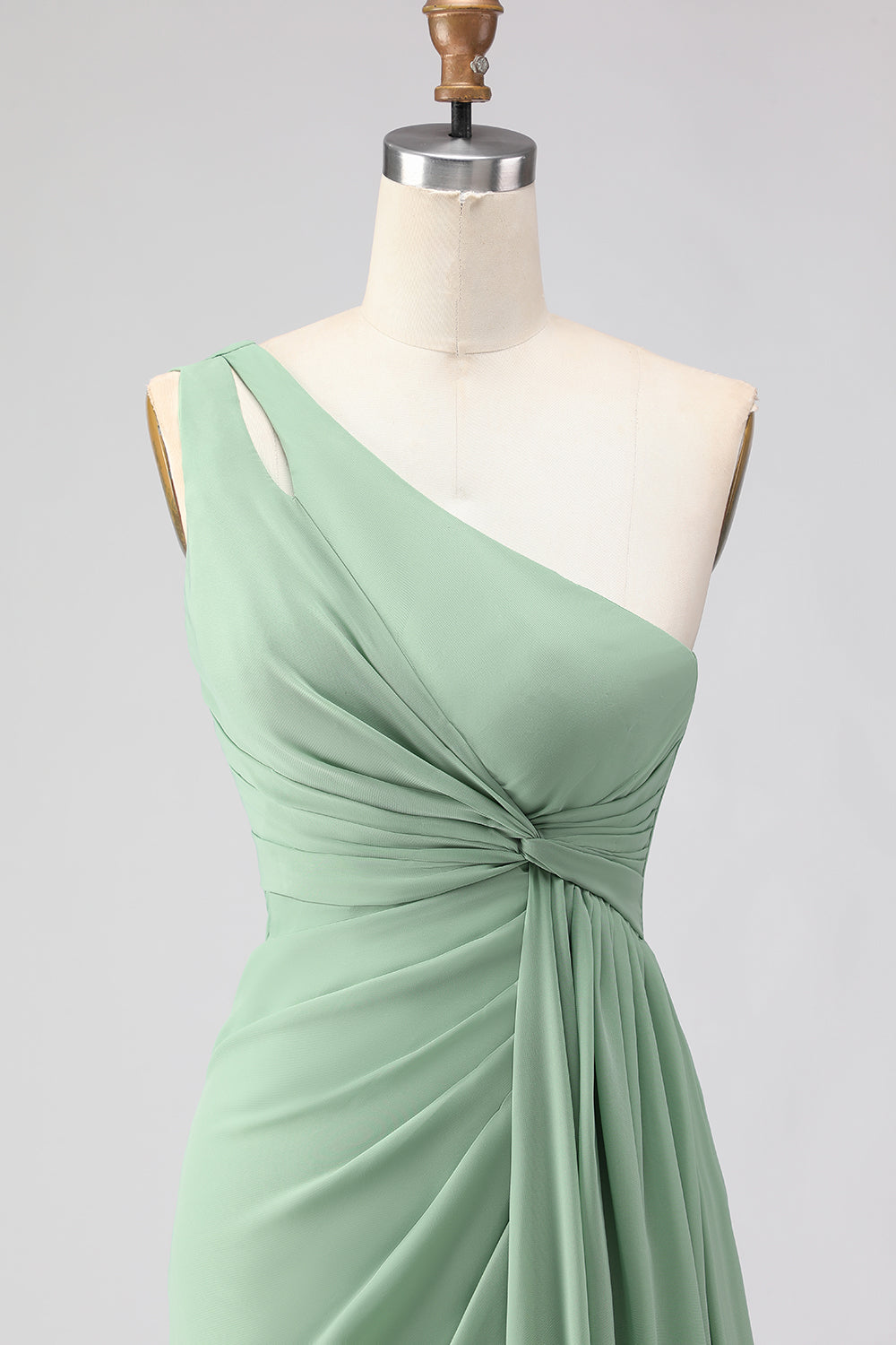 Sage Green One Shoulder Long Ruched Prom Dress with Slit