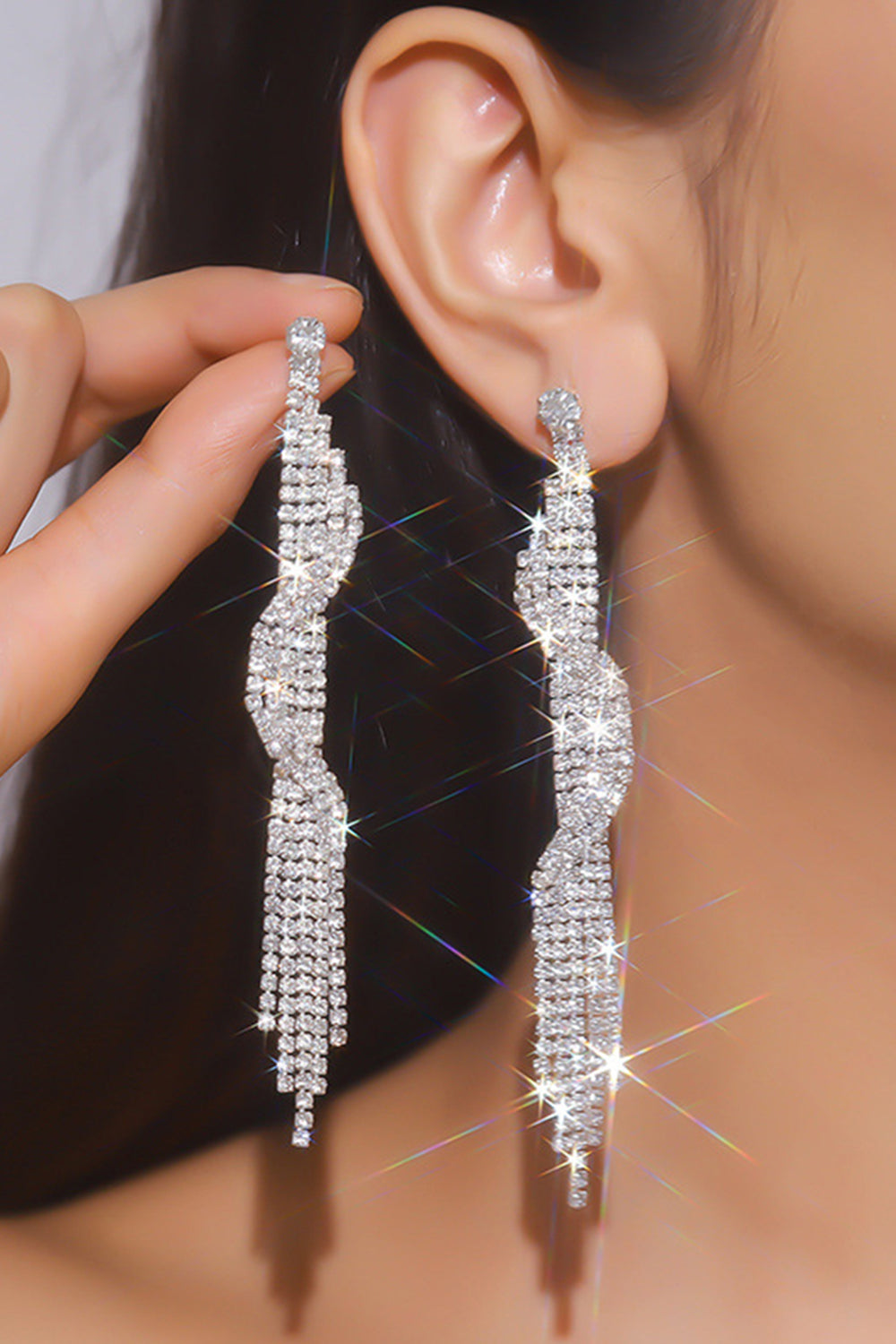 Sparkly Silver Long Fringed Prom Drop Earrings with Rhinestones