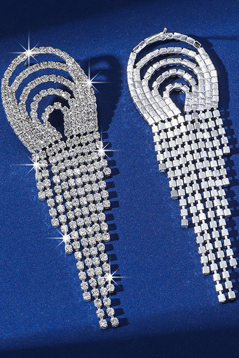 Sparkly Silver Fashion Fringed Party Drop Earrings with Rhinestones
