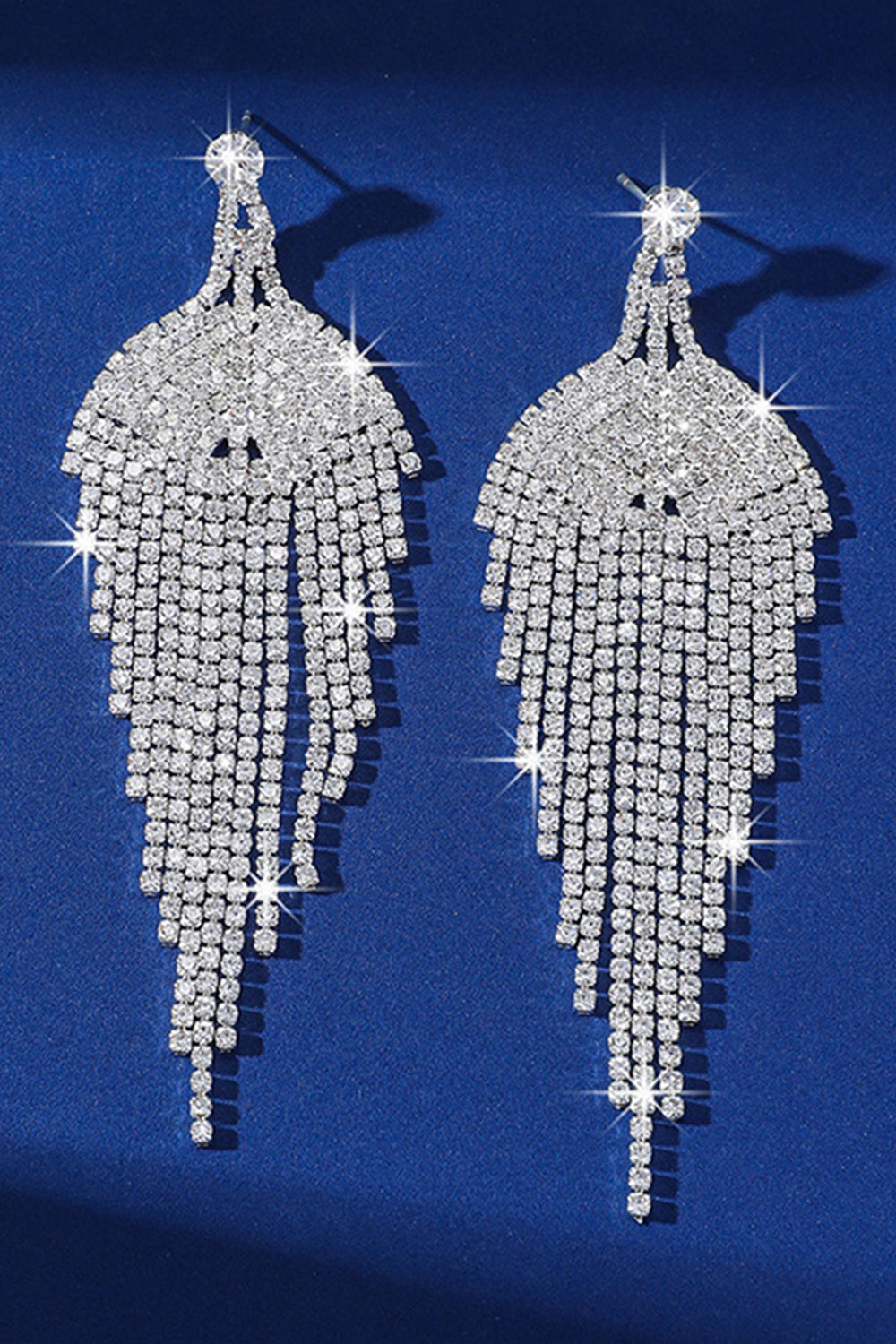 Sparkly Teardrop Silver Fringed Prom Drop Earrings with Rhinestones