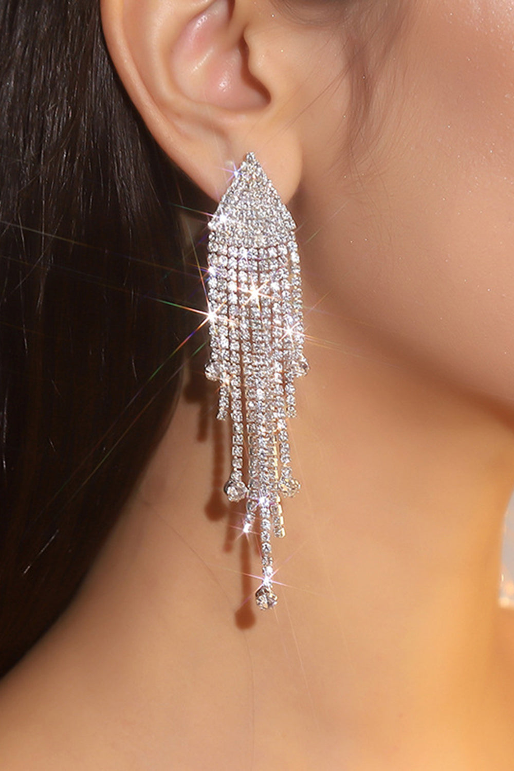 Sparkly Silver Fashion Fringed Prom Drop Earrings with Rhinestones