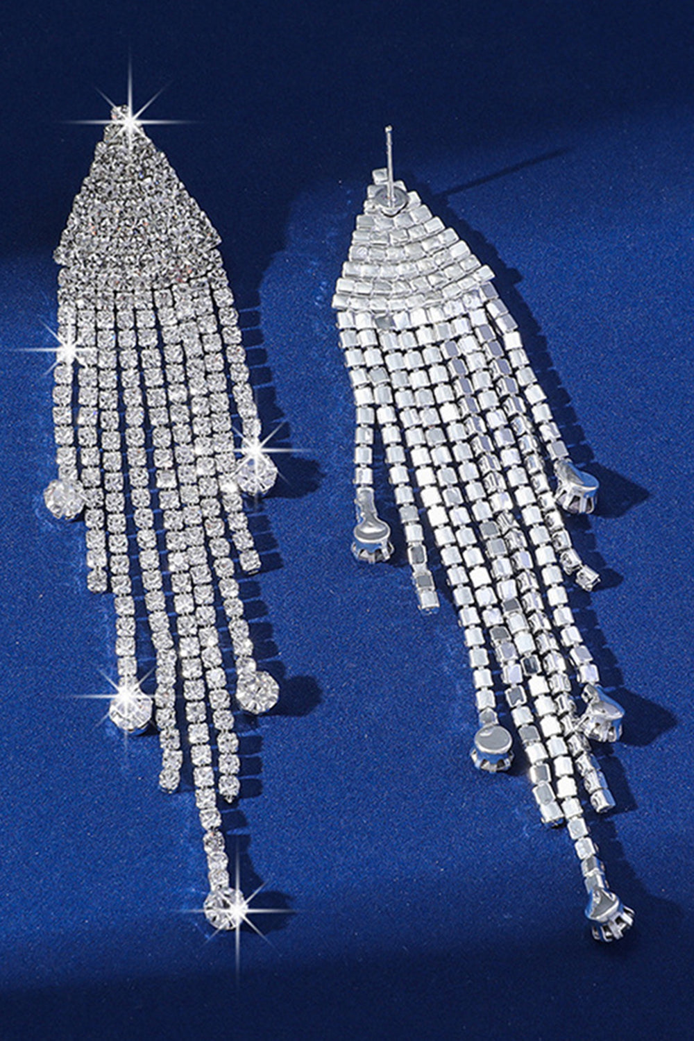 Sparkly Silver Fashion Fringed Prom Drop Earrings with Rhinestones