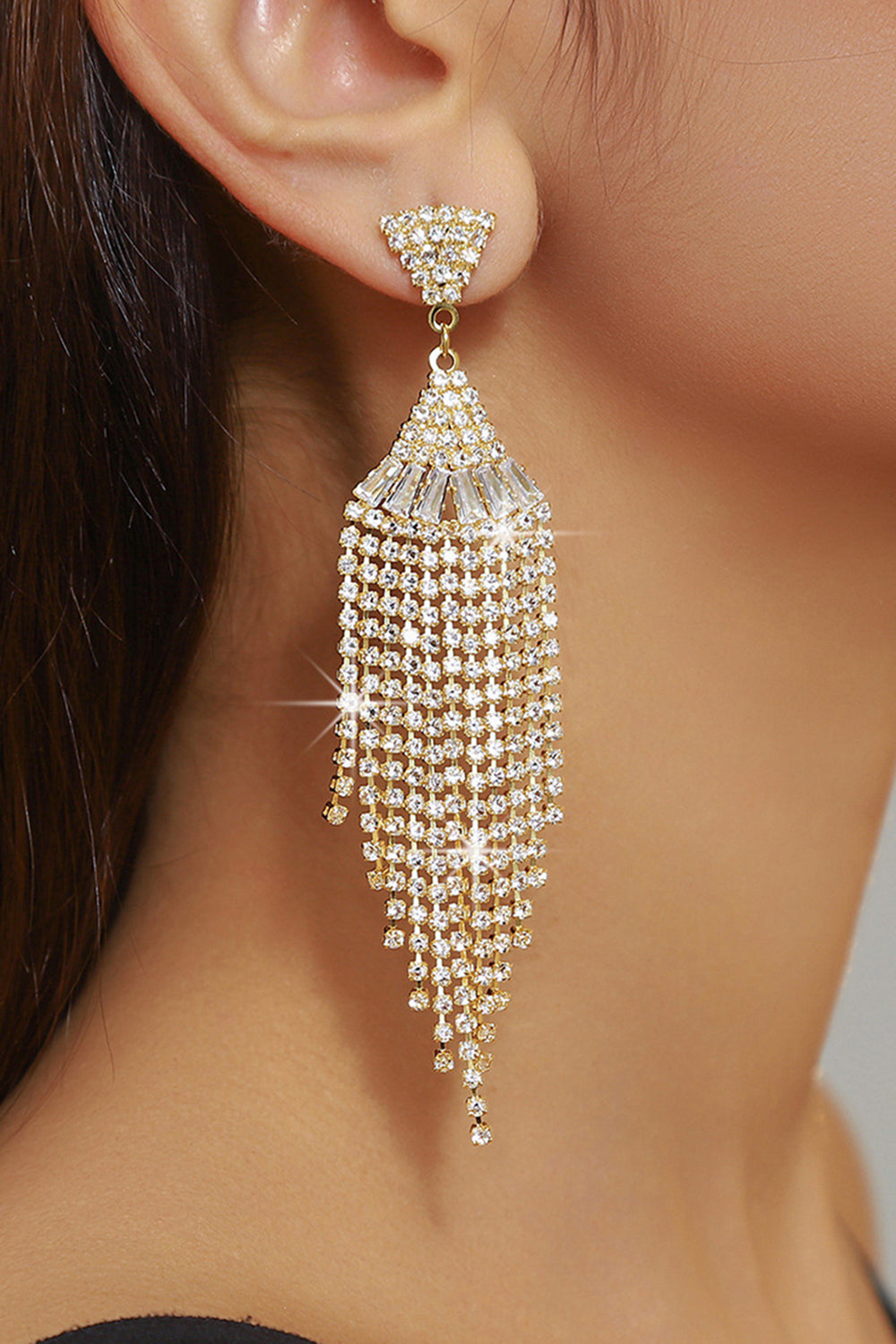 Golden Sparkly Fringed Party Drop Earrings with Rhinestones