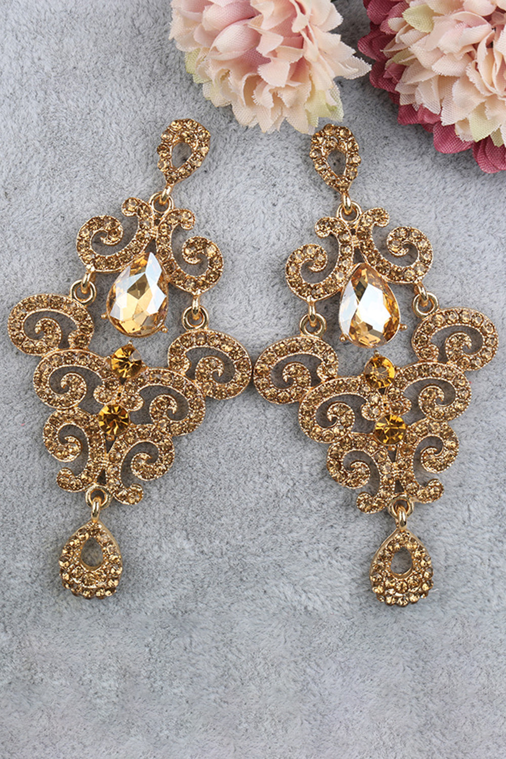 Sparkly Gold Prom Drop Earrings with Rhinestones