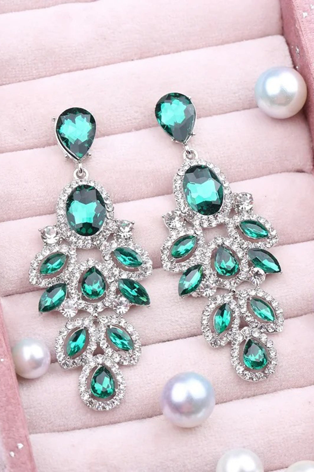 Dark Green Leaf Shaped Sparkly Prom Drop Earrings with Rhinestones