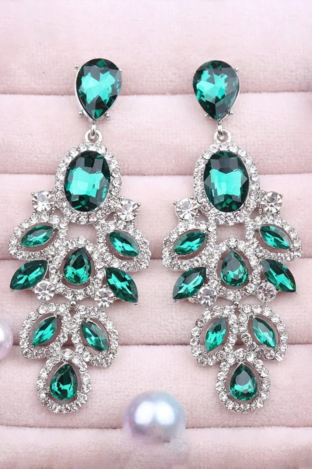 Dark Green Leaf Shaped Sparkly Prom Drop Earrings with Rhinestones