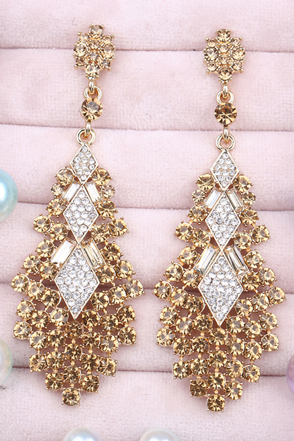 Golden Sparkly Teardrop Party Drop Earrings with Rhinestones