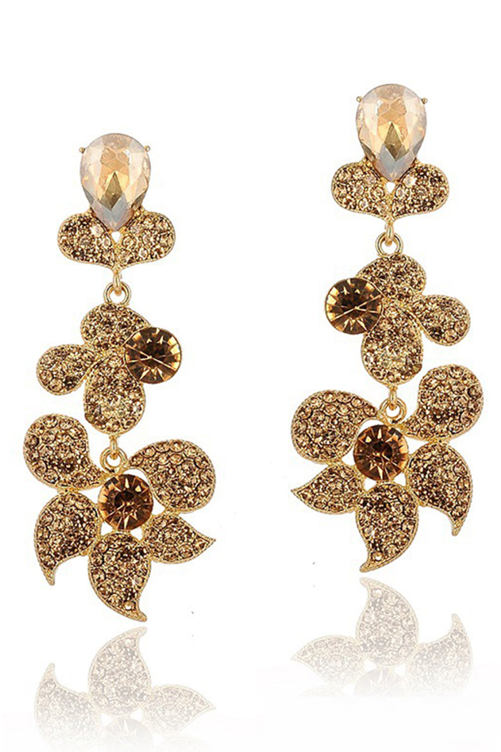 Golden Flower Shaped Sparkly Prom Drop Earrings with Rhinestones