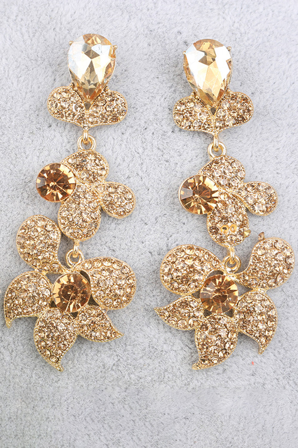 Golden Flower Shaped Sparkly Prom Drop Earrings with Rhinestones