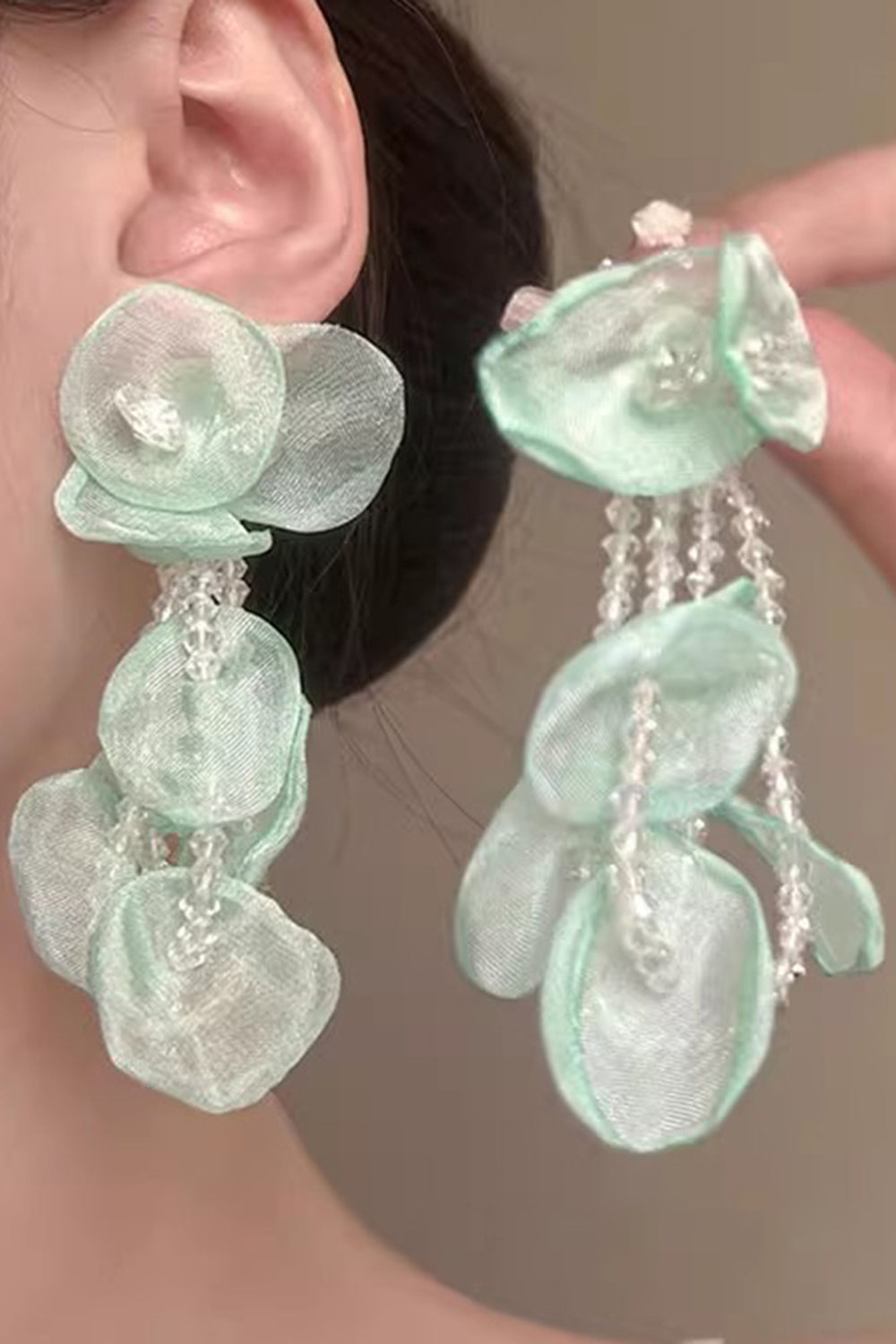 Petal Layered Light Green Sparkly Prom Dropping Earrings with Beading