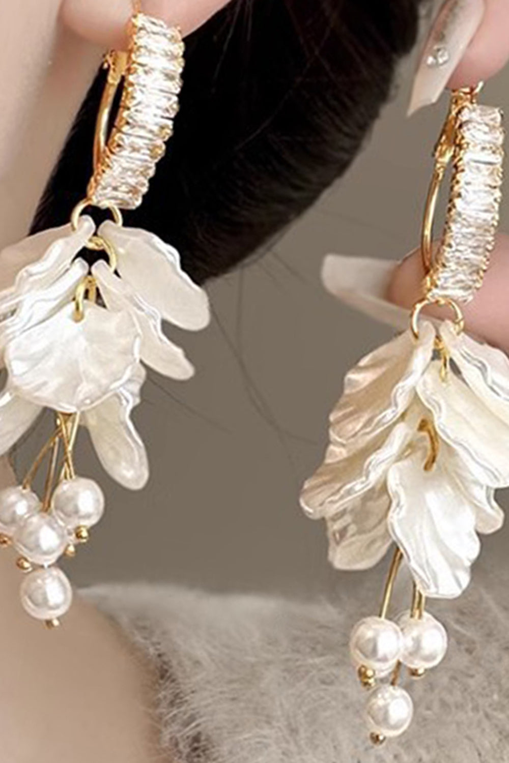 Sparkly Prom White Drop Earrings with Pearls