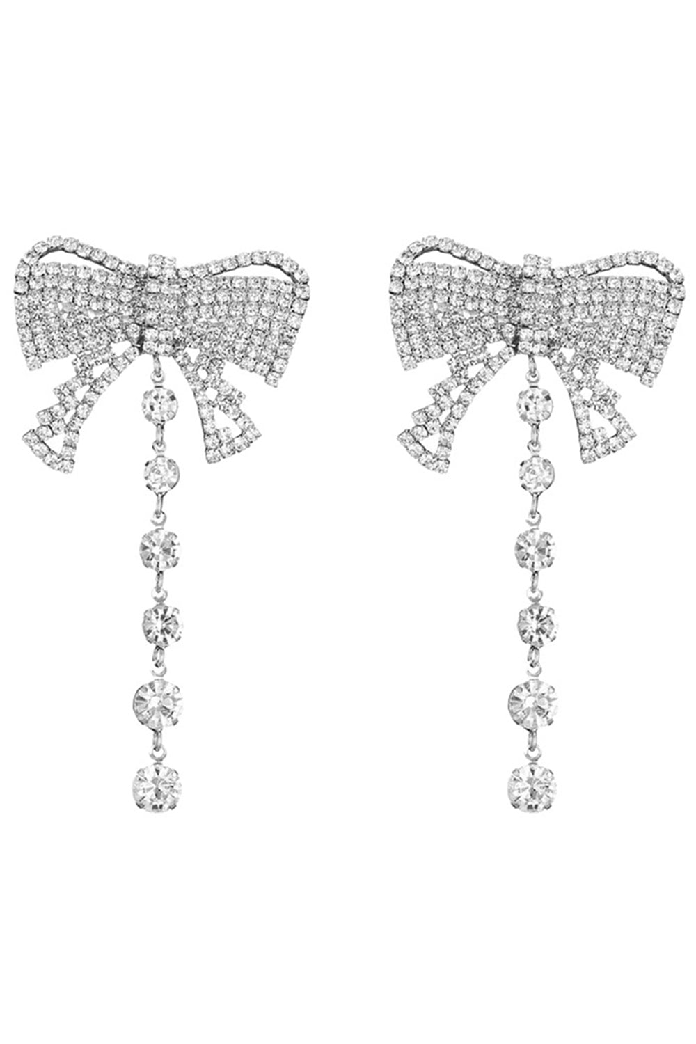 Sparkly Bow Silver Prom Drop Earrings with Rhinestones