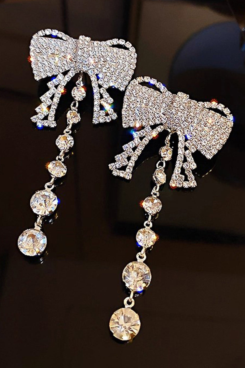 Sparkly Bow Silver Prom Drop Earrings with Rhinestones