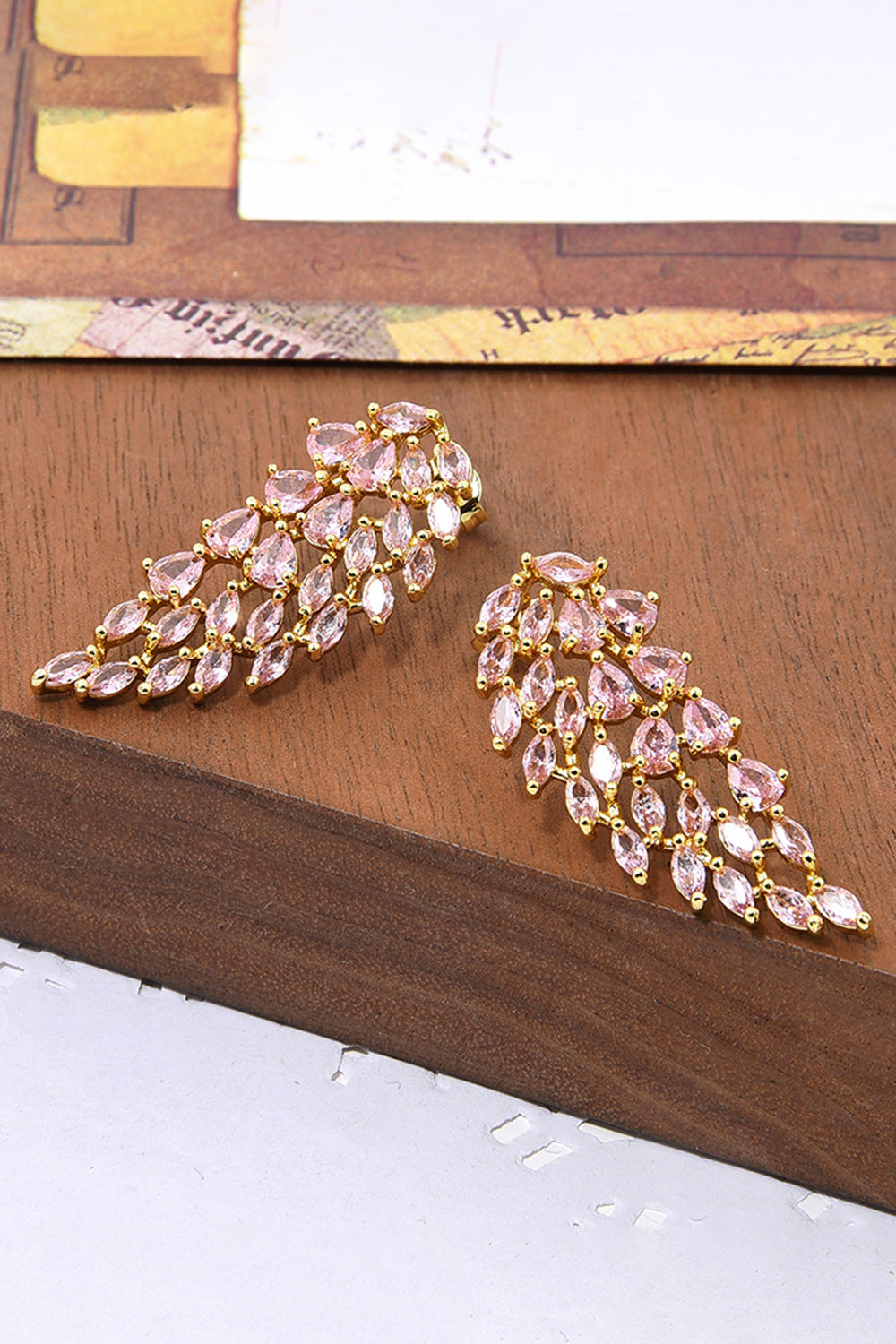 Sparkly Pink Leaf Shaped Prom Drop Earrings with Rhinestones