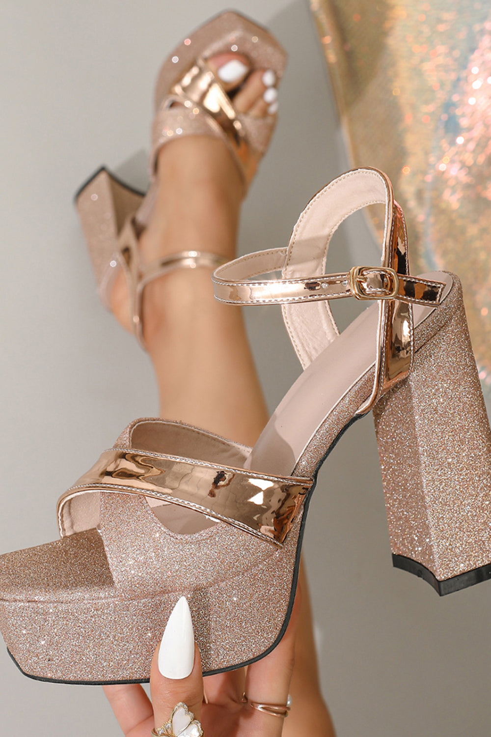 Rose Golden Open Toe Chunky Prom High Heels