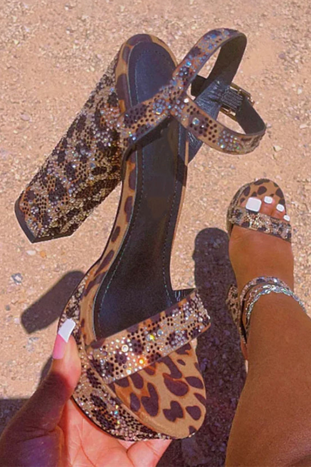 Sparkly Leopard Print Coffee Chunky Prom High Heels