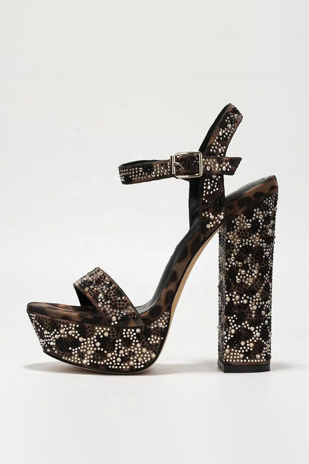 Sparkly Leopard Print Coffee Chunky Prom High Heels