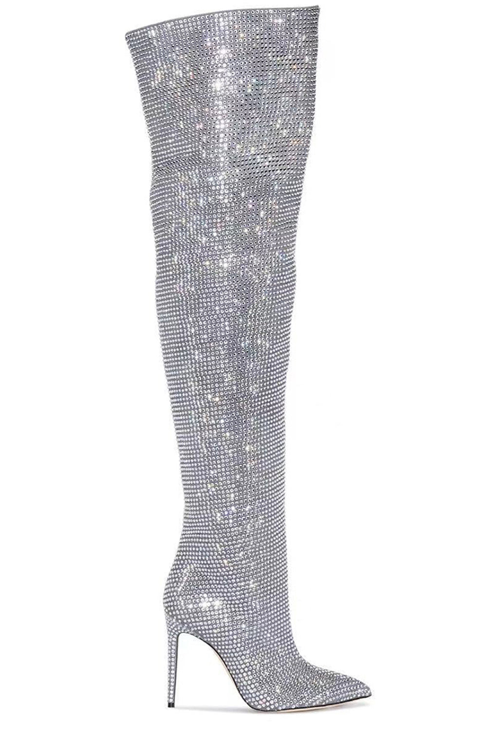 Sparkly Silver Stilettos Sequin Prom Thigh Boots