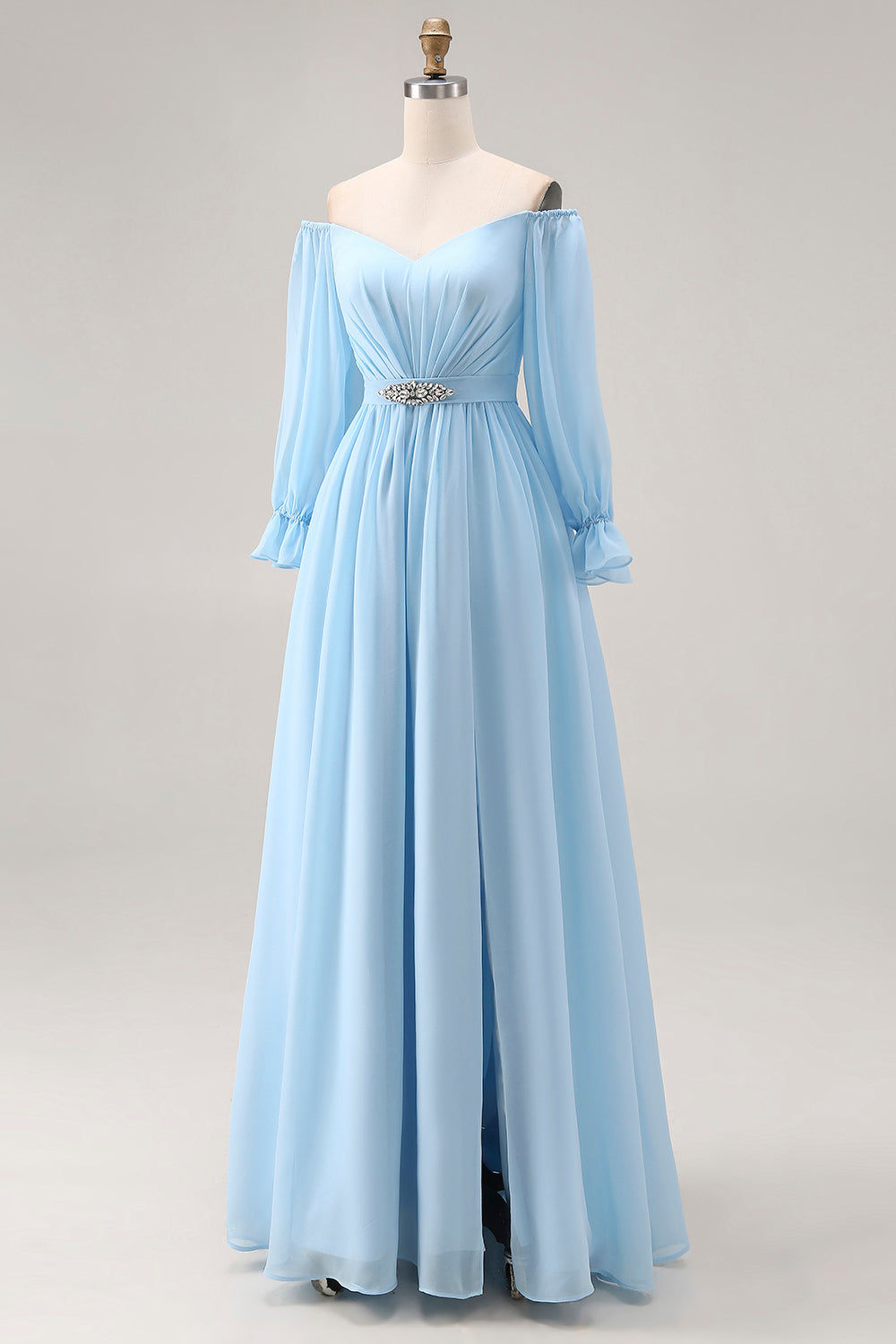 Sky Blue Chiffon Long Sleeves Off the Shoulder Wedding Guest Dress with Rhinestone