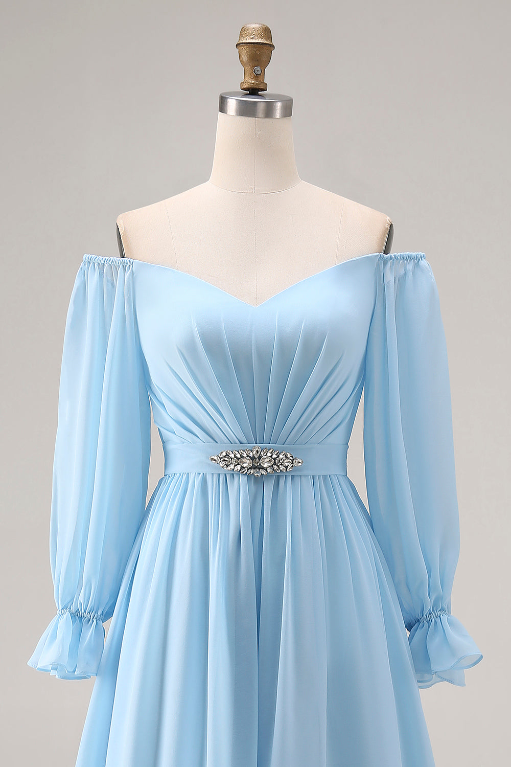 Sky Blue Chiffon Long Sleeves Off the Shoulder Wedding Guest Dress with Rhinestone