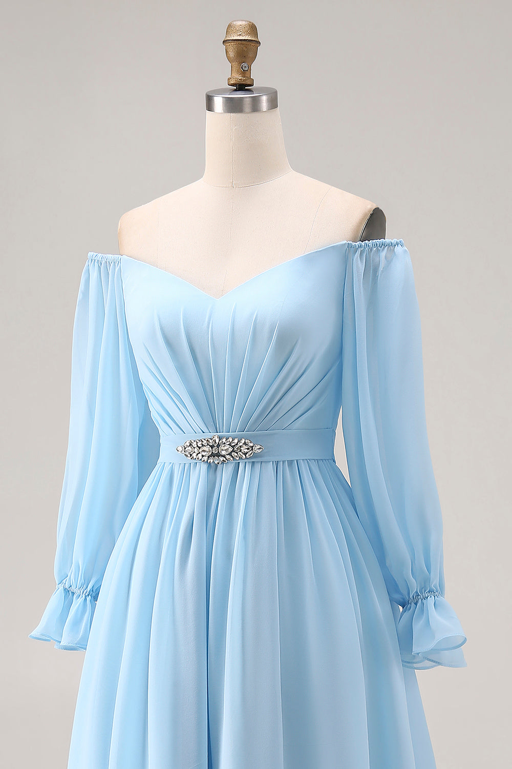 Sky Blue Chiffon Long Sleeves Off the Shoulder Wedding Guest Dress with Rhinestone