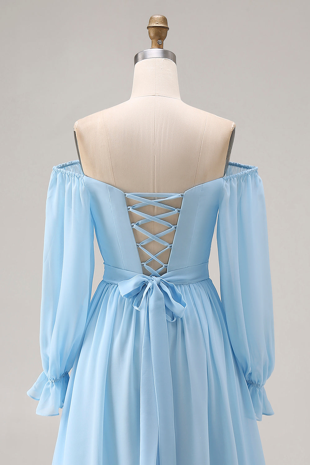 Sky Blue Chiffon Long Sleeves Off the Shoulder Wedding Guest Dress with Rhinestone