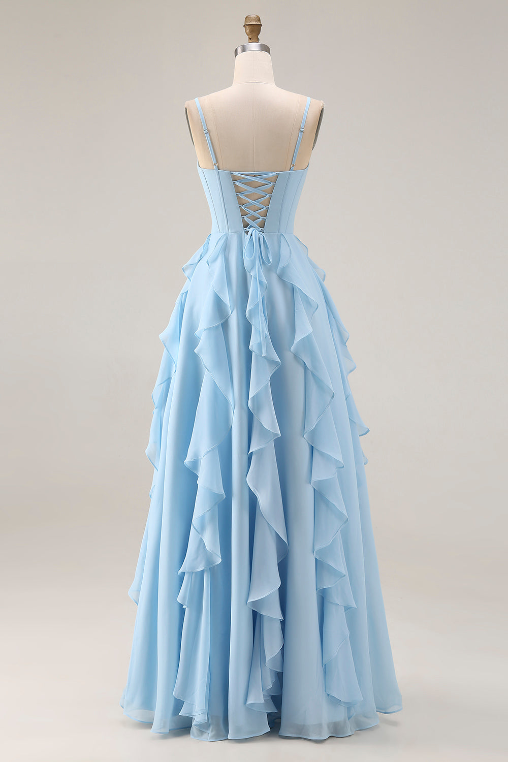 Sky Blue A Line Ruffled Spaghetti Straps Long Corset Wedding Guest Dress