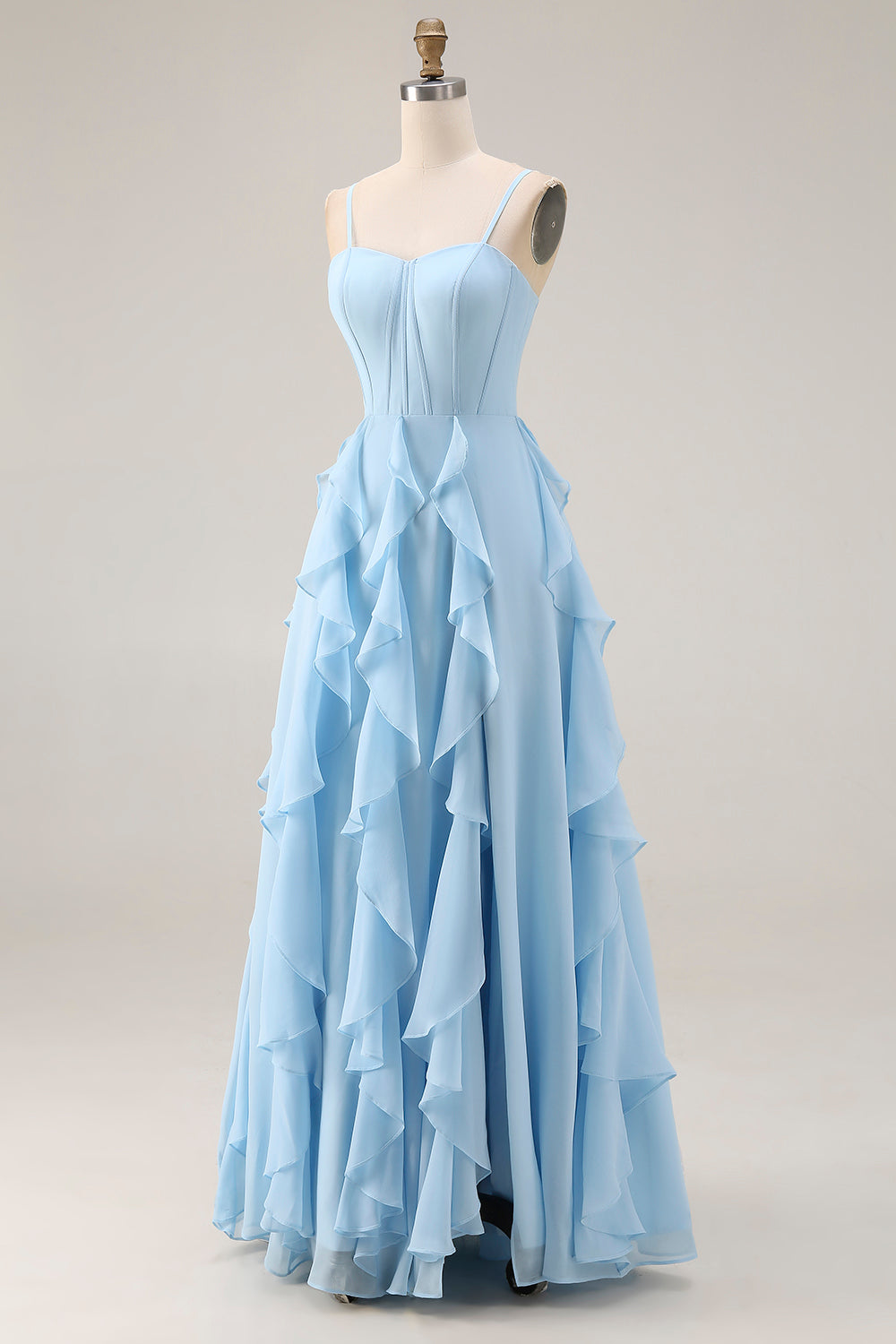 Sky Blue A Line Ruffled Spaghetti Straps Long Corset Wedding Guest Dress