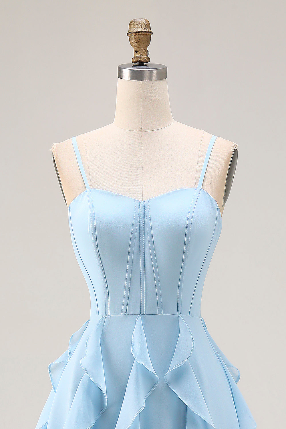 Sky Blue A Line Ruffled Spaghetti Straps Long Corset Wedding Guest Dress
