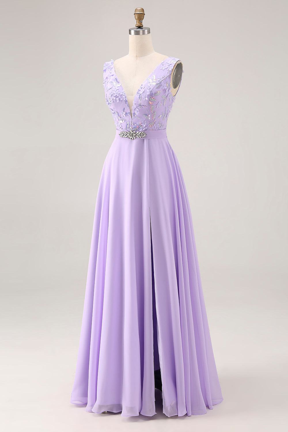 Floral Lilac V-Neck A Line Rhinestone Long Wedding Guest Dress with Slit