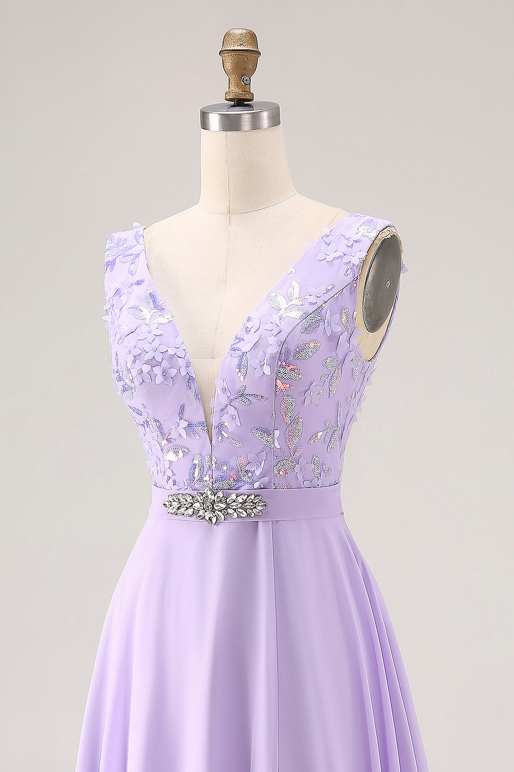 Floral Lilac V-Neck A Line Rhinestone Long Wedding Guest Dress with Slit