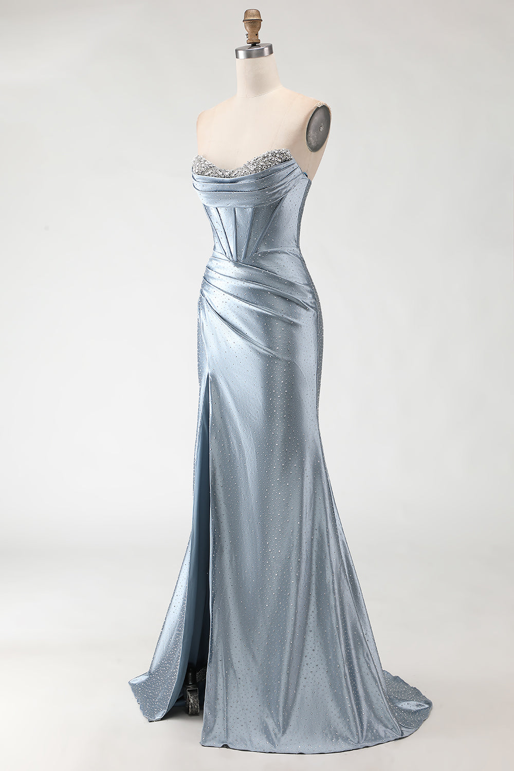 Sparkly Grey Blue Mermaid Corset Long Prom Dress with Slit
