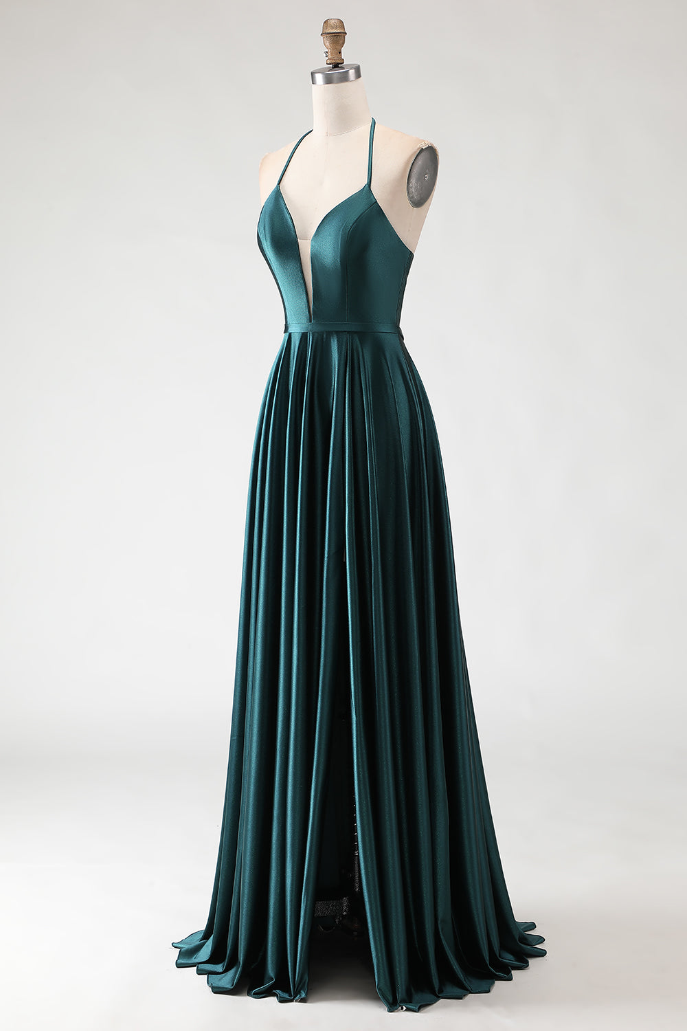 Sparkly Dark Green A Line Long Halter Prom Dress with Slit
