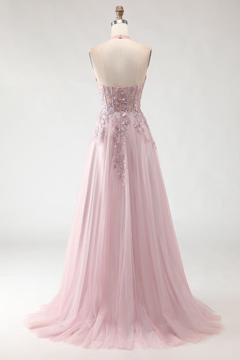 Sparkly Blush Pink Tulle Appliqued Long Prom Dress