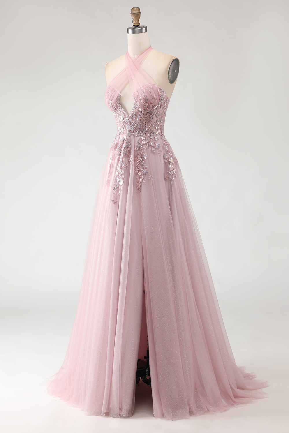 Sparkly Blush Pink Tulle Appliqued Long Prom Dress