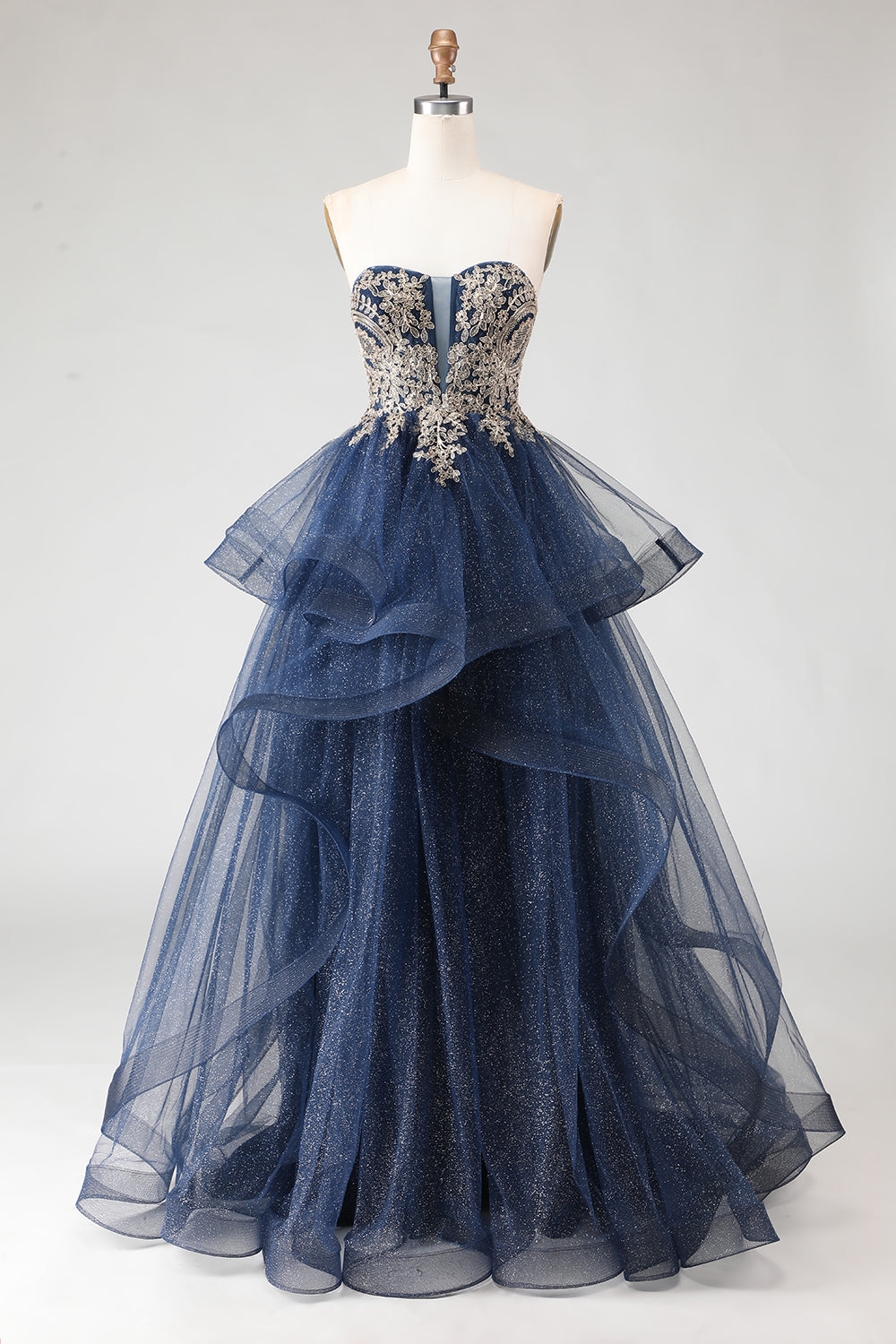 Sparkly Floral Navy Princess Ruffled A Line Long Prom Dress with Appliques