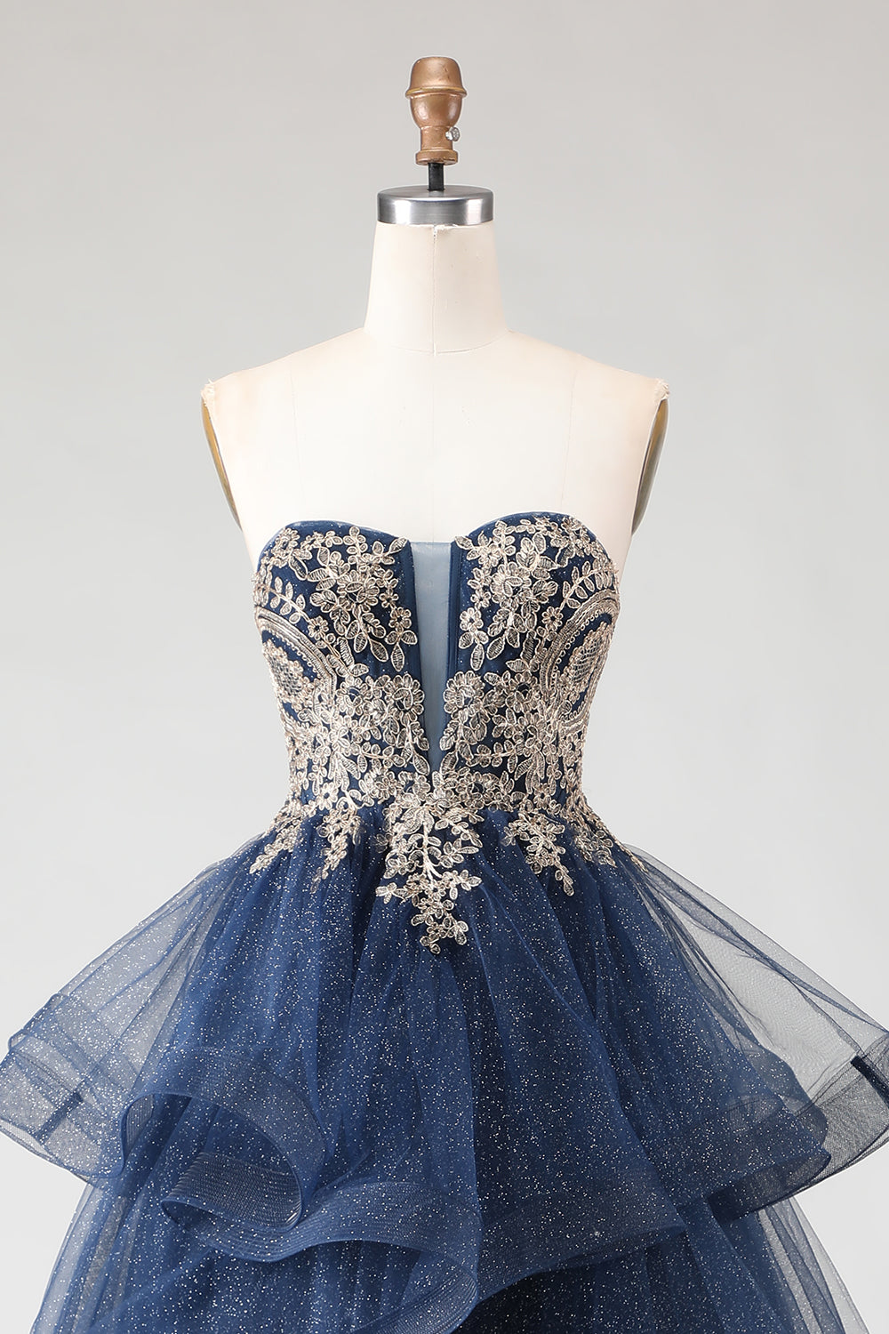Sparkly Floral Navy Princess Ruffled A Line Long Prom Dress with Appliques