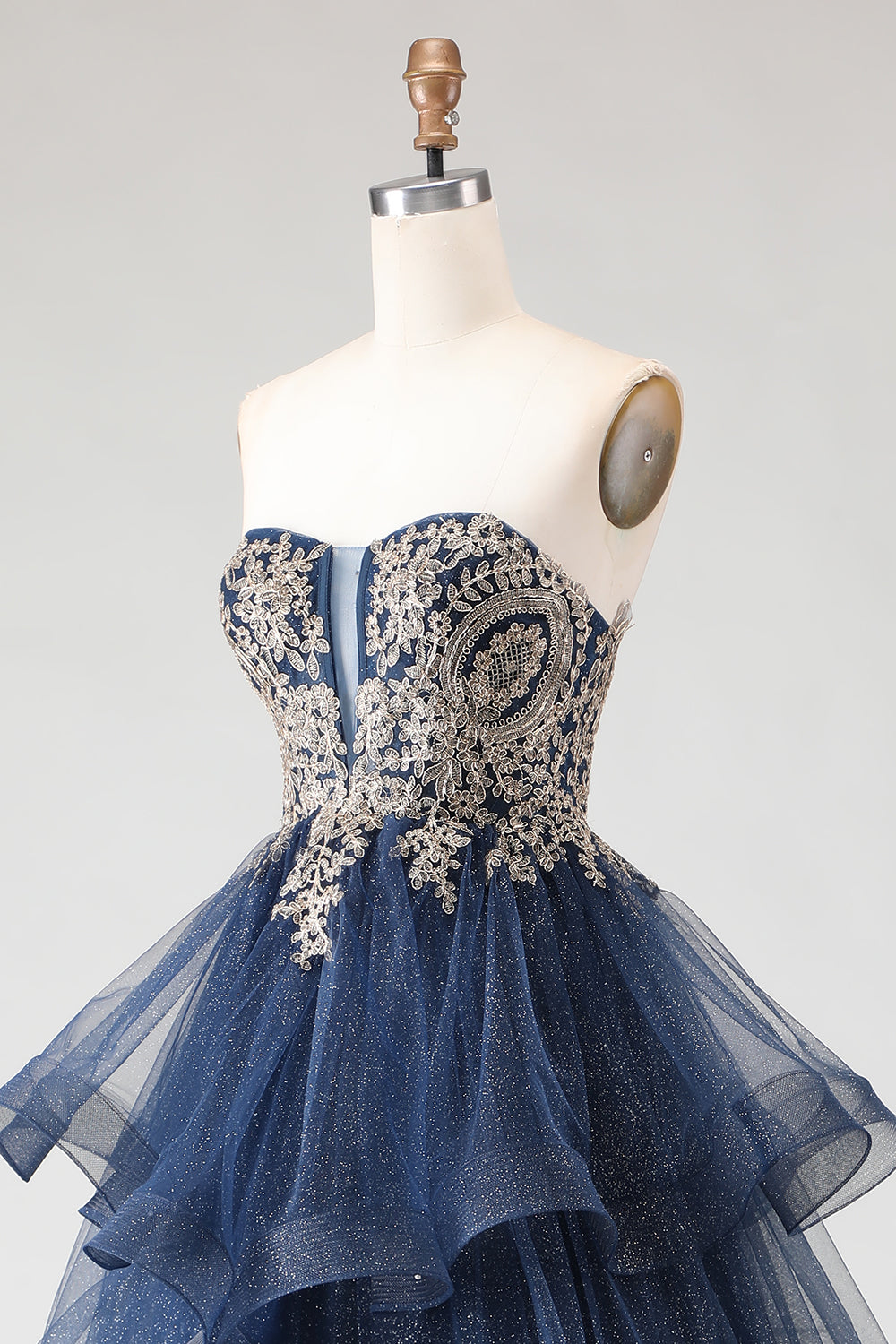 Sparkly Floral Navy Princess Ruffled A Line Long Prom Dress with Appliques