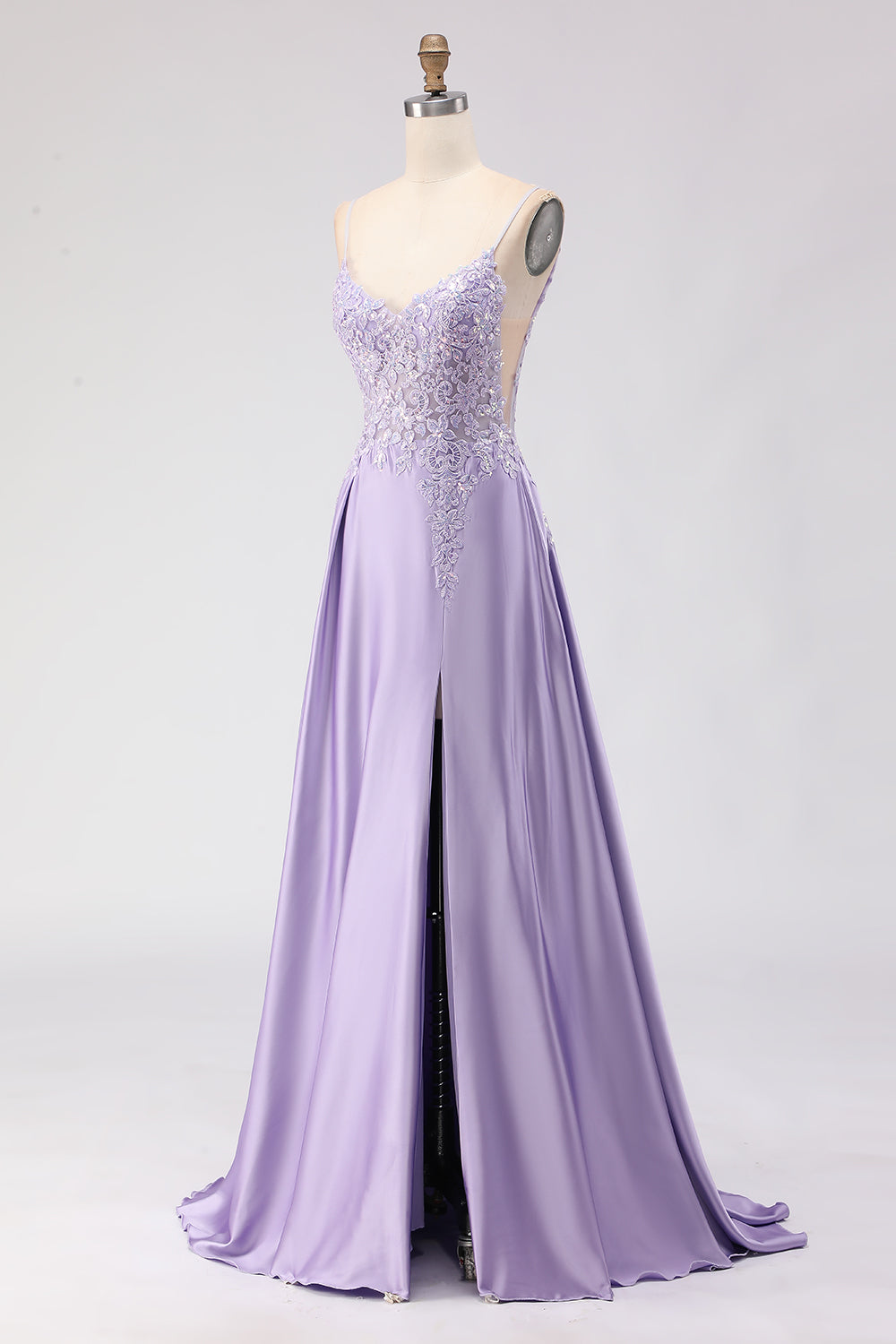 Sparkly Purple A Line Satin Pleated Appliqued Long Prom Dress with Slit