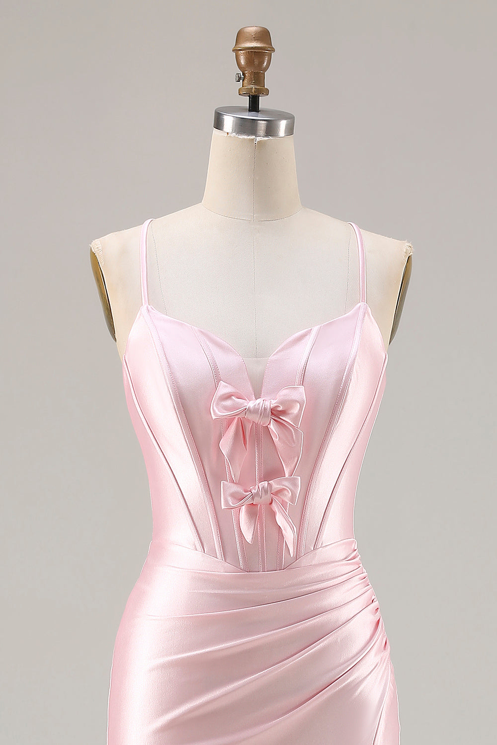 Sparkly Pink Satin Mermaid Corset Ruched Long Satin Prom Dress with Bows