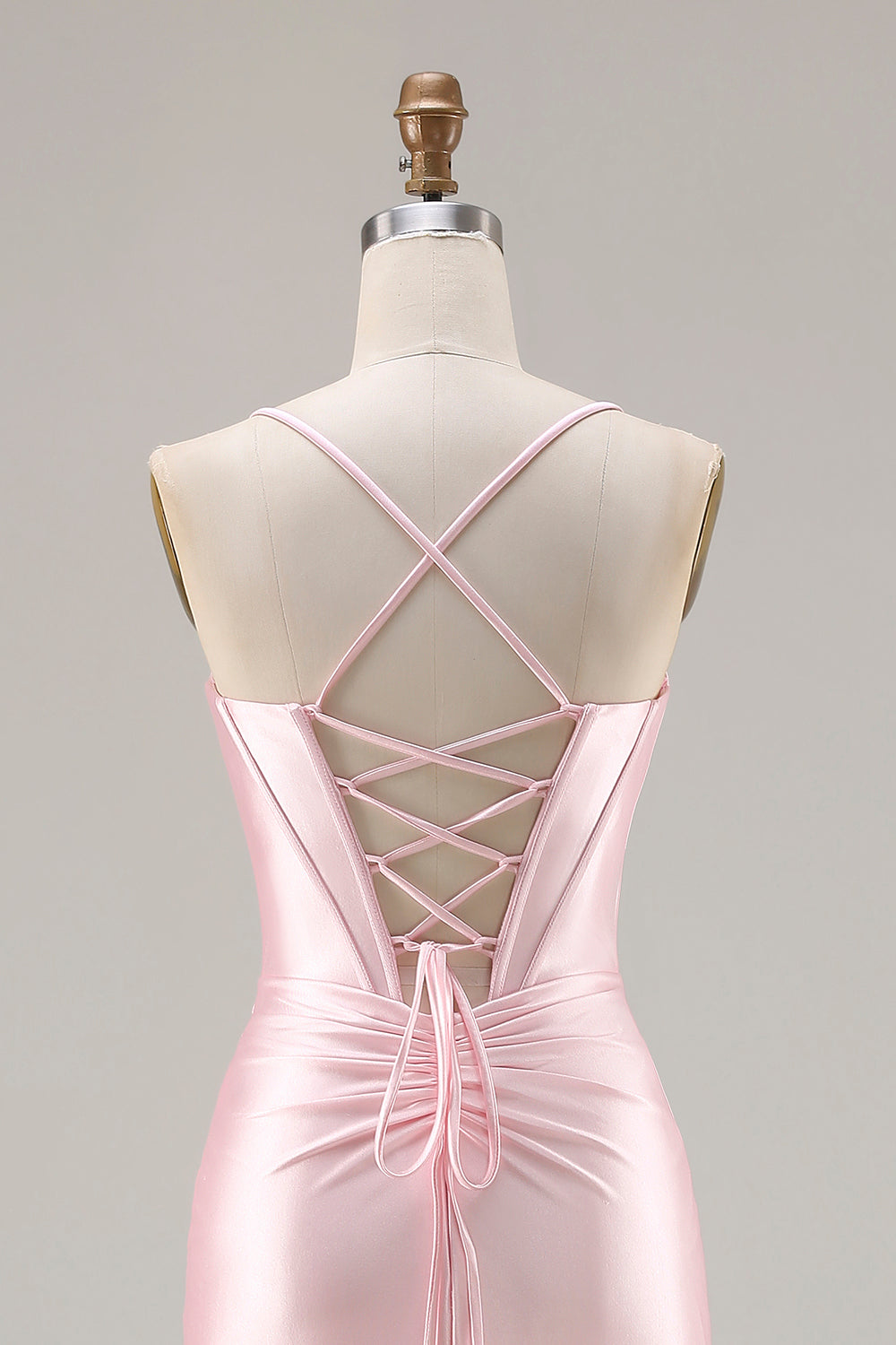 Sparkly Pink Satin Mermaid Corset Ruched Long Satin Prom Dress with Bows