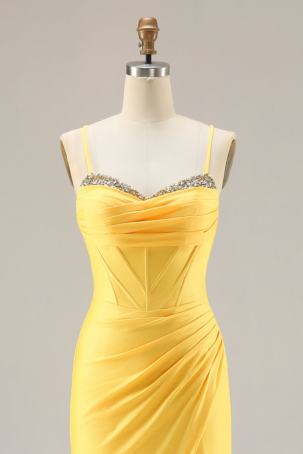 Sparkly Yellow Corset Spaghetti Straps Ruched Long Mermaid Prom Dress with Slit