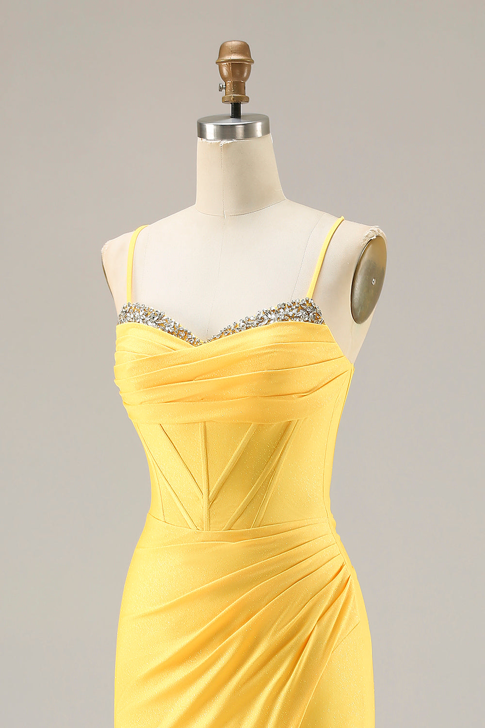Sparkly Yellow Corset Spaghetti Straps Ruched Long Mermaid Prom Dress with Slit