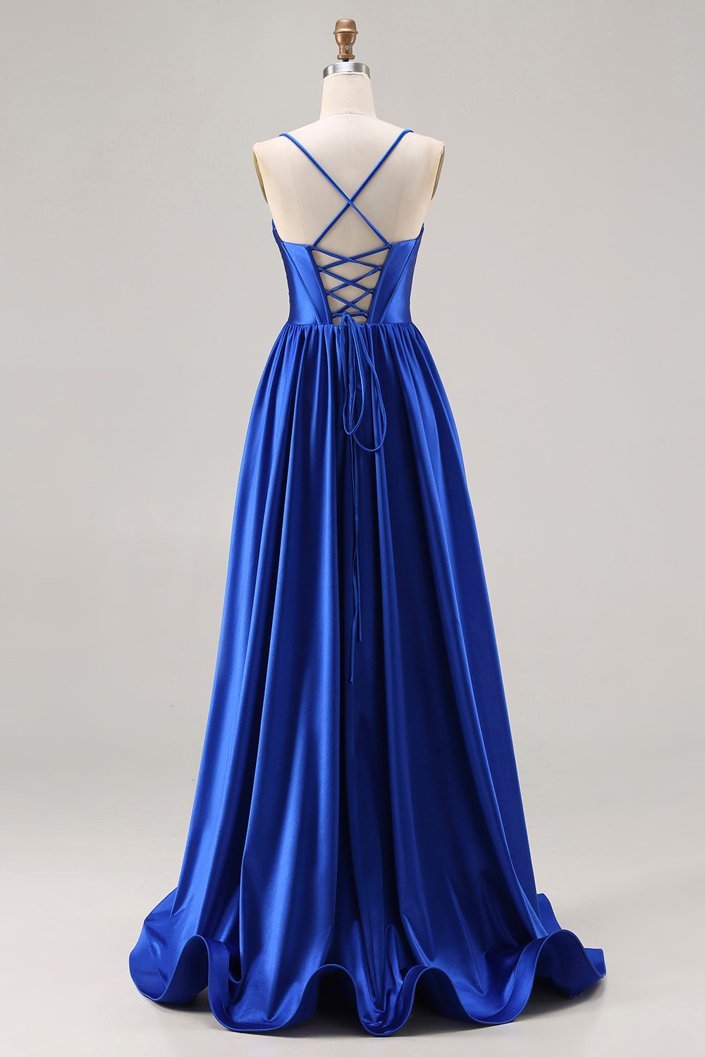 Royal Blue A Line Spaghetti Straps Long Satin Prom Dress with Beading