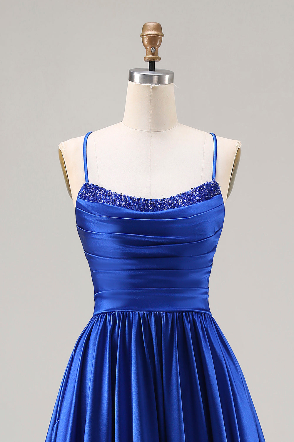 Royal Blue A Line Spaghetti Straps Long Satin Prom Dress with Beading
