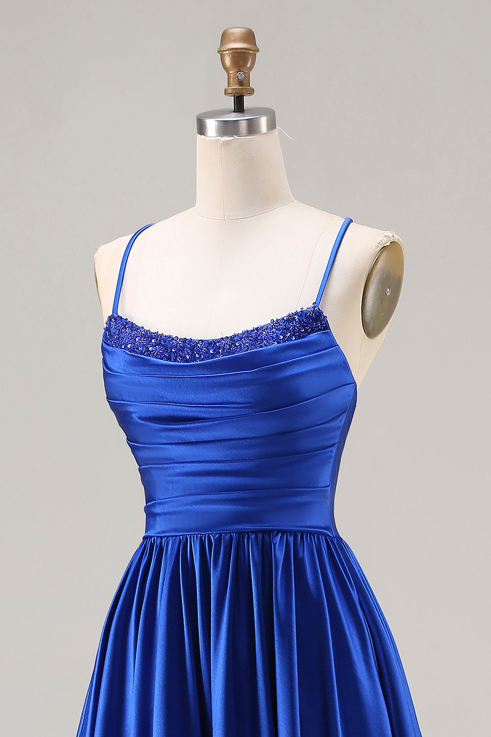 Royal Blue A Line Spaghetti Straps Long Satin Prom Dress with Beading