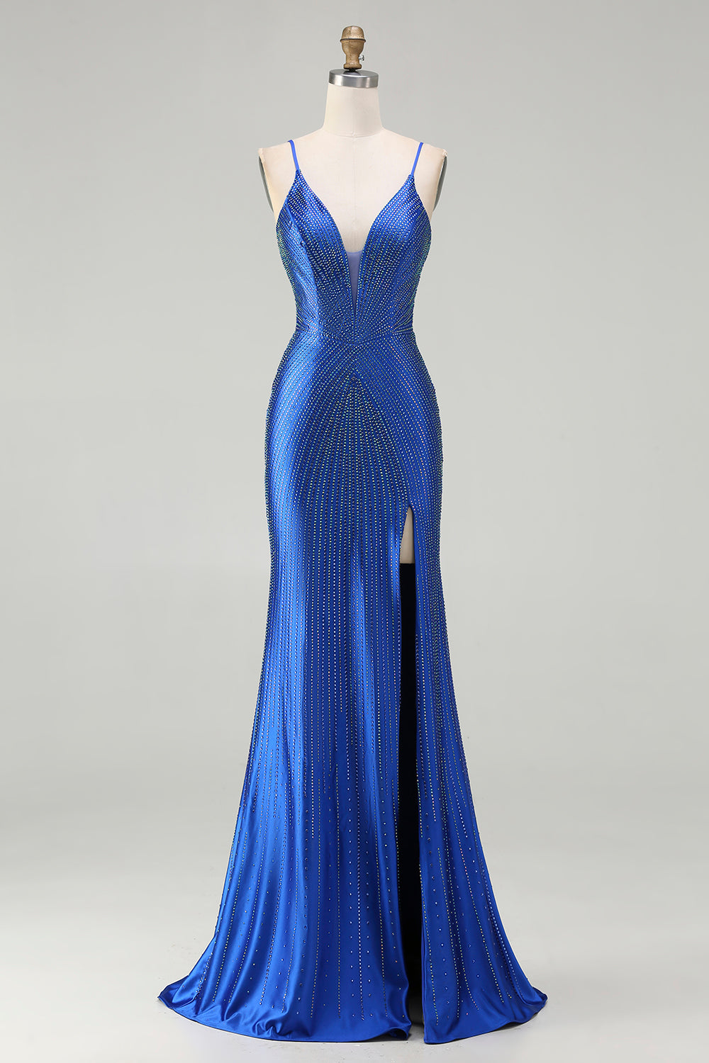 Sparkly Royal Blue Satin Mermaid Long Prom Dress with Slit