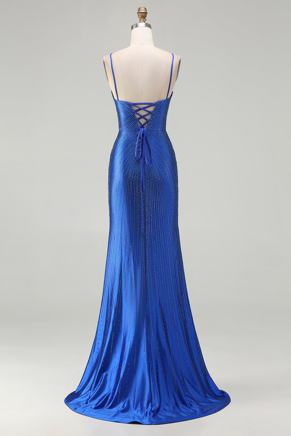 Sparkly Royal Blue Satin Mermaid Long Prom Dress with Slit