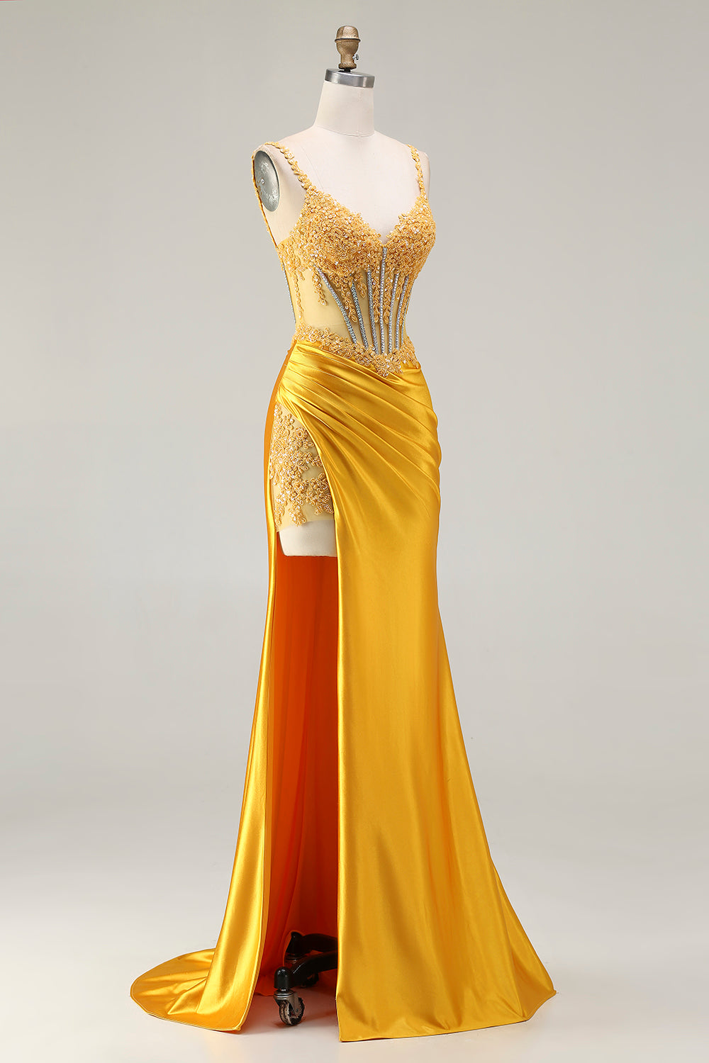 Sparkly Yellow Satin Mermaid Ruched Corset Long Prom Dress with Slit