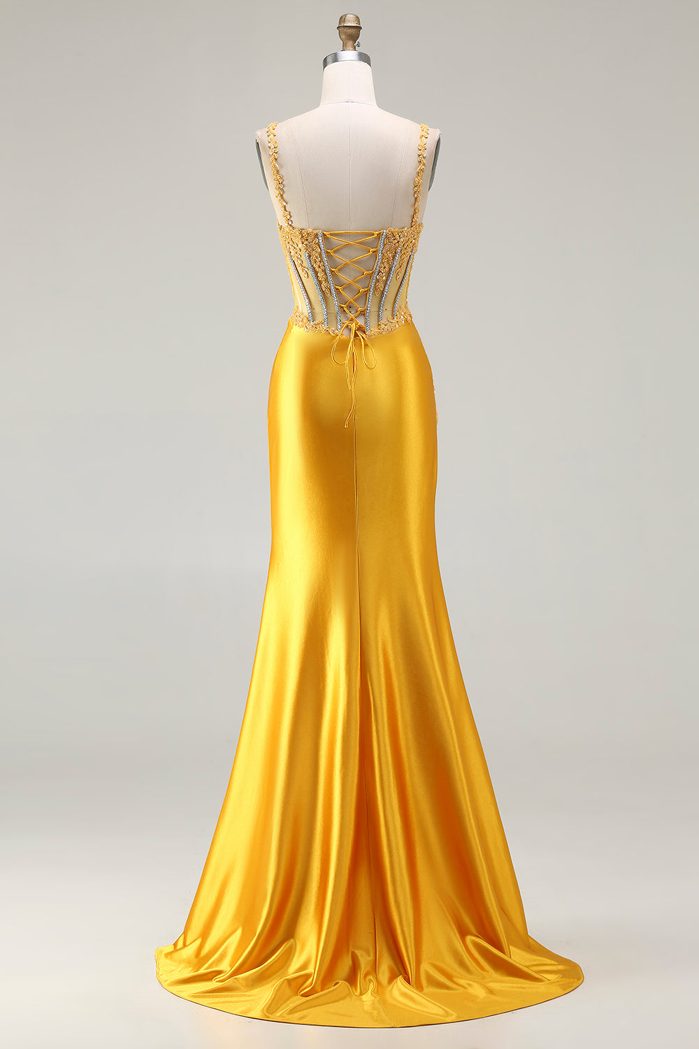 Sparkly Yellow Satin Mermaid Ruched Corset Long Prom Dress with Slit